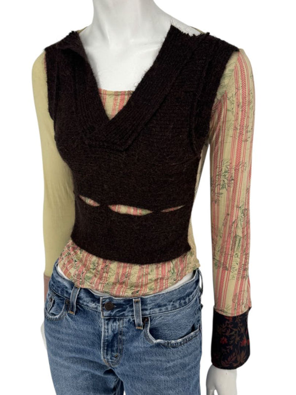 Custo Barcelona Mixed-Print Long-Sleeve Shirt with Knit Overlay – Size 1 (Small)