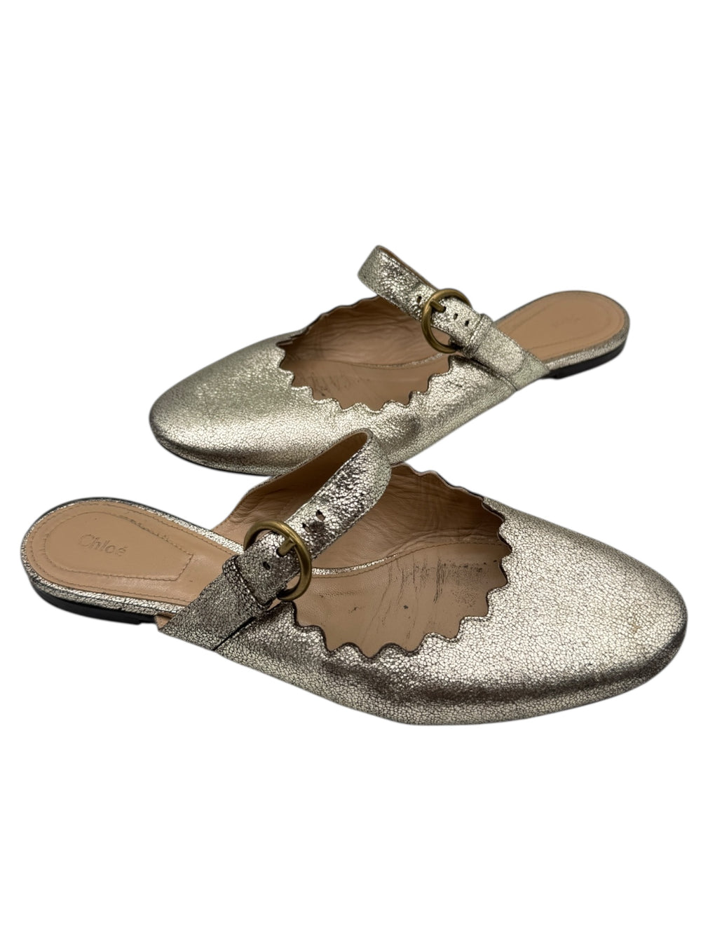 Chloé Metallic Scalloped Mary Jane Flat Slides – Size 37