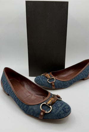 Gucci Blue GG Denim Bamboo Horsebit Ballet Flats – Size 11B