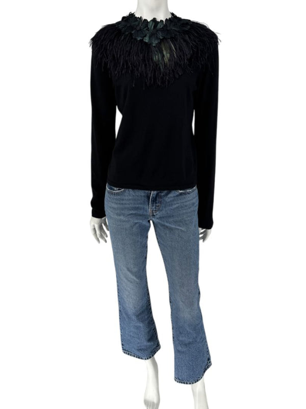 Naeem Khan Feather & Floral Embellished Cashmere Sweater – Size M