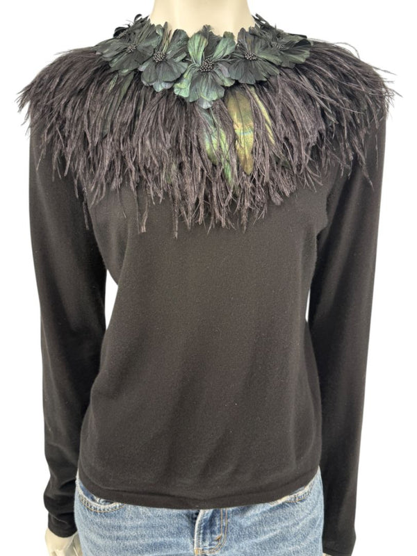 Naeem Khan Feather & Floral Embellished Cashmere Sweater – Size M