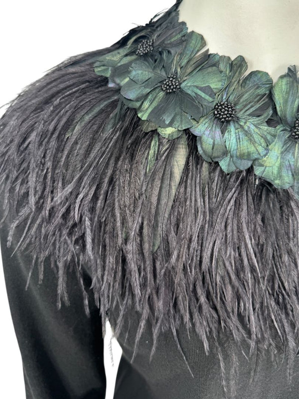 Naeem Khan Feather & Floral Embellished Cashmere Sweater – Size M