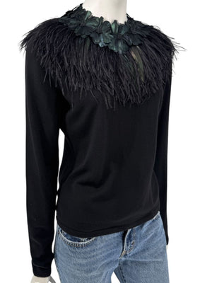 Naeem Khan Feather & Floral Embellished Cashmere Sweater – Size M