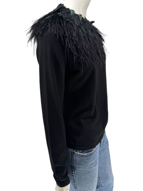 Naeem Khan Feather & Floral Embellished Cashmere Sweater – Size M