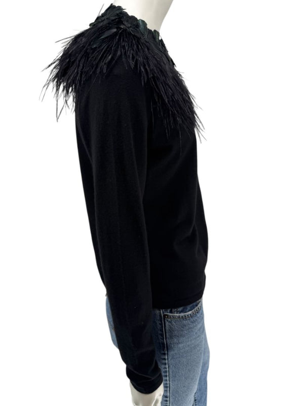 Naeem Khan Feather & Floral Embellished Cashmere Sweater – Size M
