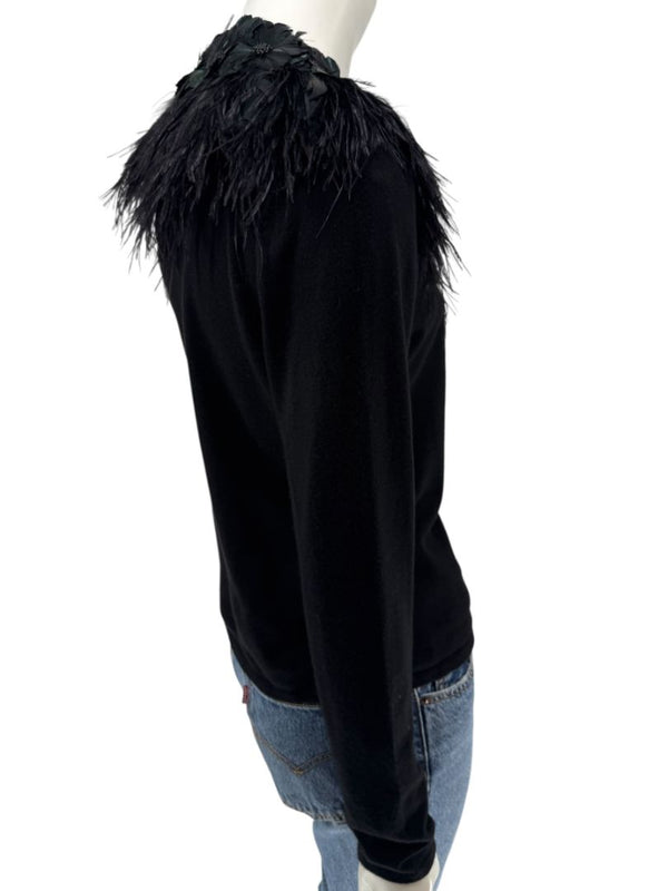 Naeem Khan Feather & Floral Embellished Cashmere Sweater – Size M