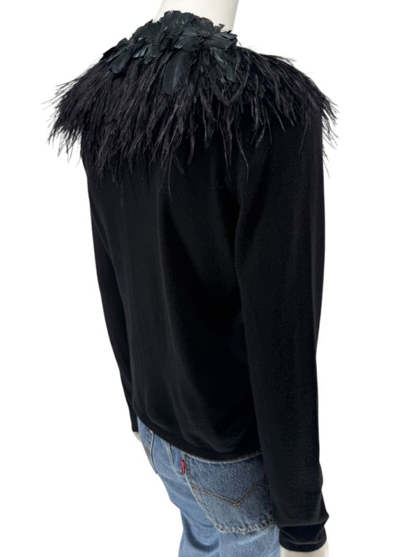 Naeem Khan Feather & Floral Embellished Cashmere Sweater – Size M