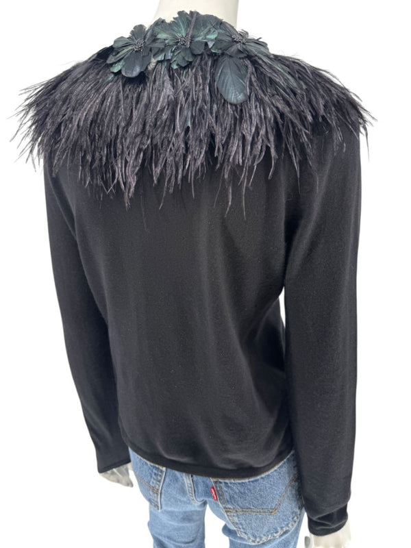 Naeem Khan Feather & Floral Embellished Cashmere Sweater – Size M