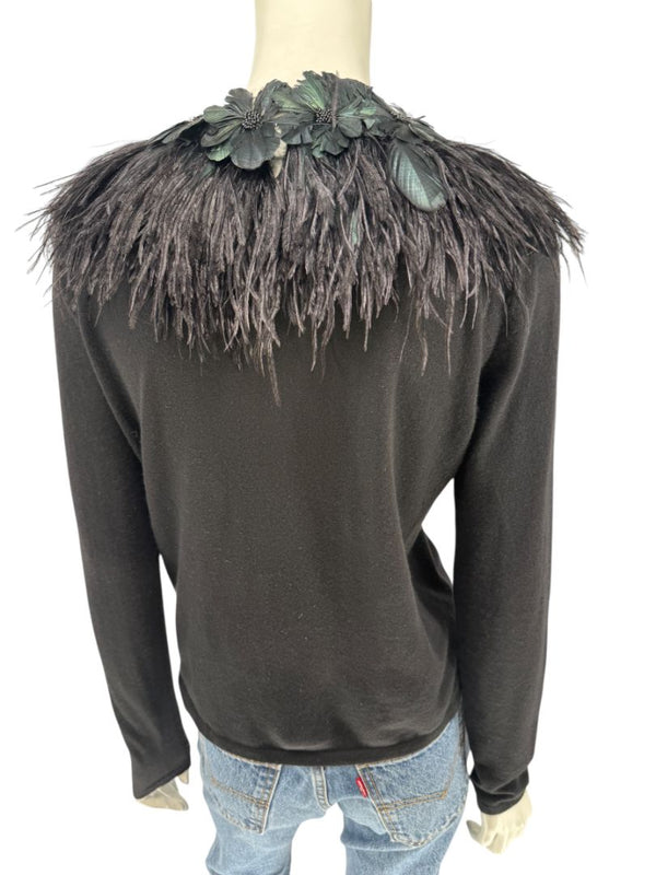Naeem Khan Feather & Floral Embellished Cashmere Sweater – Size M
