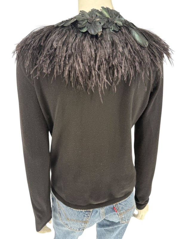 Naeem Khan Feather & Floral Embellished Cashmere Sweater – Size M