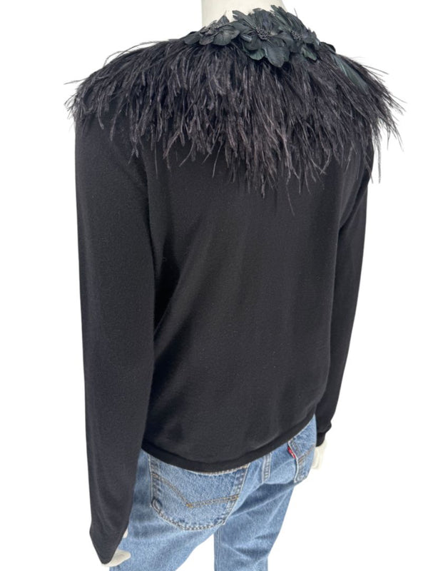 Naeem Khan Feather & Floral Embellished Cashmere Sweater – Size M