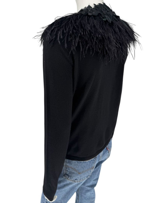 Naeem Khan Feather & Floral Embellished Cashmere Sweater – Size M