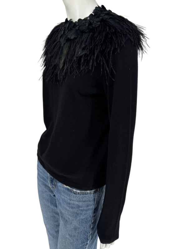 Naeem Khan Feather & Floral Embellished Cashmere Sweater – Size M