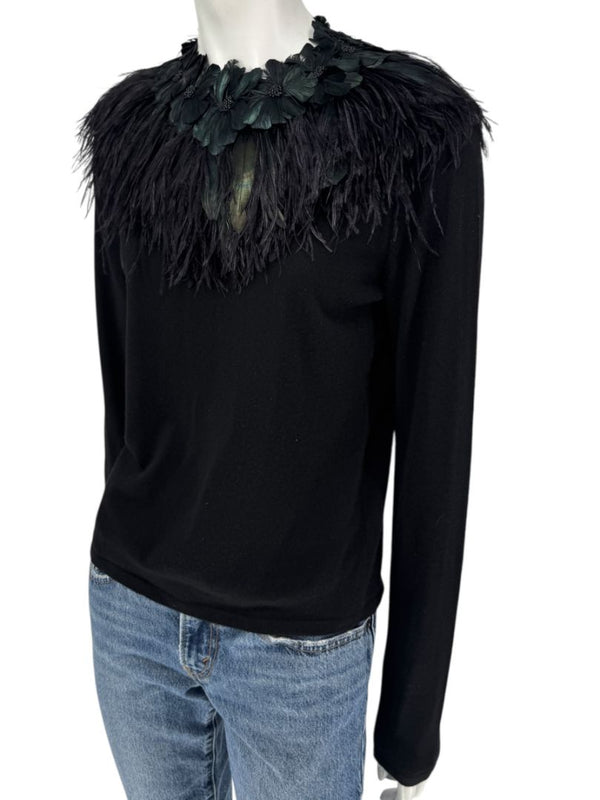 Naeem Khan Feather & Floral Embellished Cashmere Sweater – Size M
