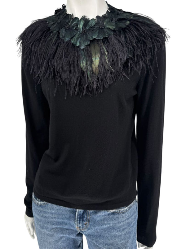 Naeem Khan Feather & Floral Embellished Cashmere Sweater – Size M