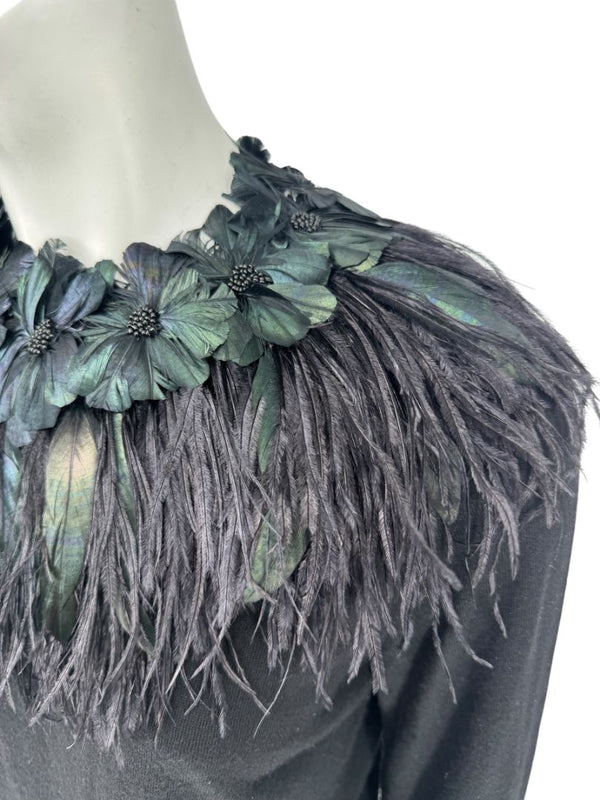 Naeem Khan Feather & Floral Embellished Cashmere Sweater – Size M