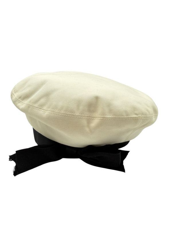 Chanel Ivory Beret with Black Grosgrain Ribbon Trim & Bow – Vintage
