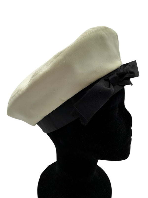 Chanel Ivory Beret with Black Grosgrain Ribbon Trim & Bow – Vintage