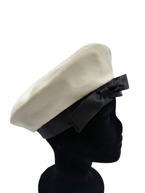 Chanel Ivory Beret with Black Grosgrain Ribbon Trim & Bow – Vintage