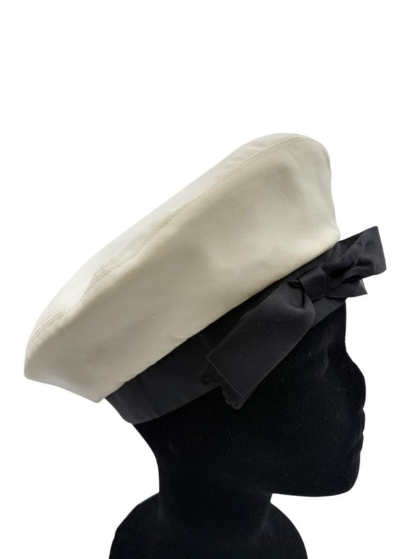 Chanel Ivory Beret with Black Grosgrain Ribbon Trim & Bow – Vintage
