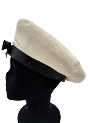 Chanel Ivory Beret with Black Grosgrain Ribbon Trim & Bow – Vintage