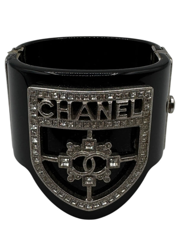 Chanel F/W 2015 Crystal Shield CC Logo Black Resin Statement Cuff