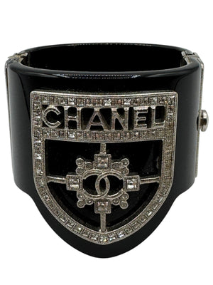 Chanel F/W 2015 Crystal Shield CC Logo Black Resin Statement Cuff