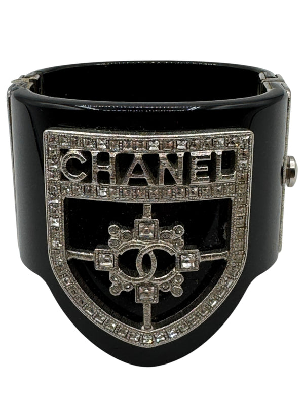 Chanel F/W 2015 Crystal Shield CC Logo Black Resin Statement Cuff