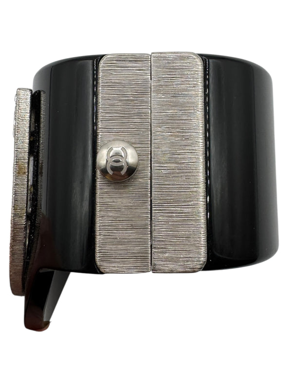 Chanel F/W 2015 Crystal Shield CC Logo Black Resin Statement Cuff