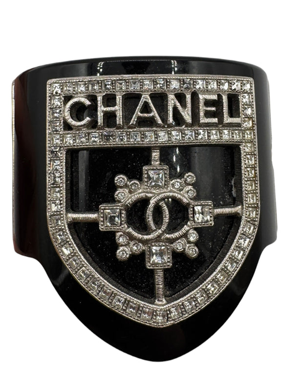 Chanel F/W 2015 Crystal Shield CC Logo Black Resin Statement Cuff