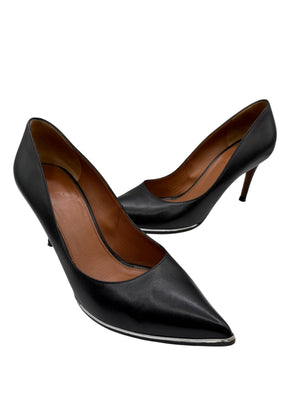 Givenchy Black Leather Pointed-Toe Pumps with Silver Trim – Size 39