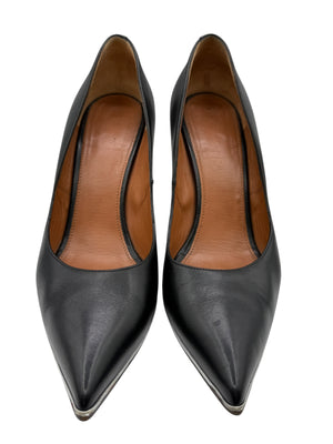 Givenchy Black Leather Pointed-Toe Pumps with Silver Trim – Size 39