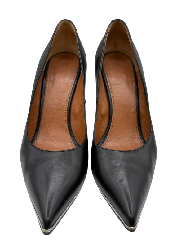 Givenchy Black Leather Pointed-Toe Pumps with Silver Trim – Size 39