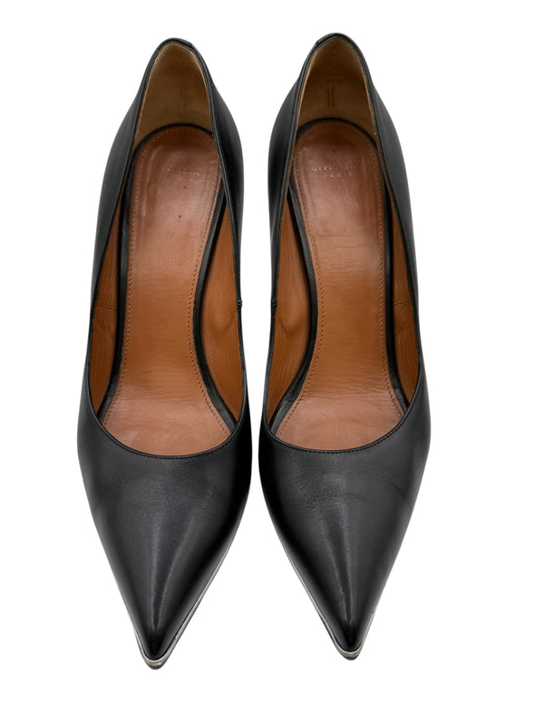 Givenchy Black Leather Pointed-Toe Pumps with Silver Trim – Size 39