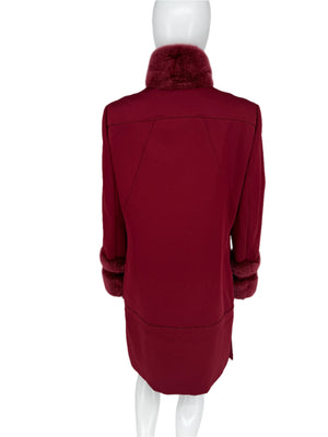 Pamella Roland Crimson/Dark Red Zippered Coat With Fur Collar and Cuffs. ¾ length Size 8/10