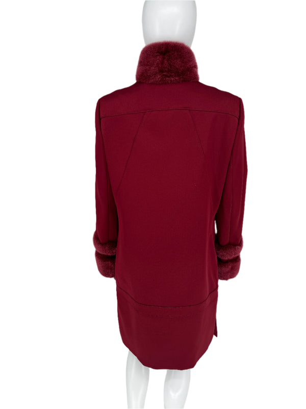 Pamella Roland Crimson/Dark Red Zippered Coat With Fur Collar and Cuffs. ¾ length Size 8/10