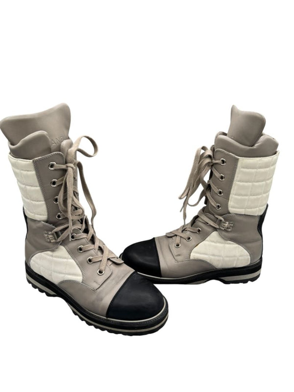 Chanel CC Quilted Two-Tone Lace-Up Combat Boots – Size 40
