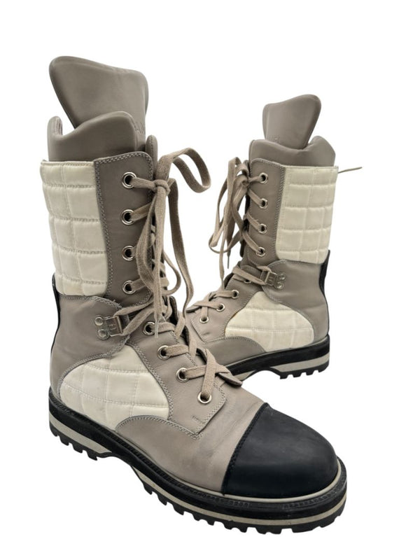 Chanel CC Quilted Two-Tone Lace-Up Combat Boots – Size 40