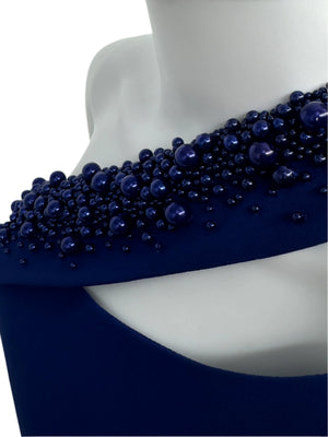 Pamella Roland Royal Blue Purple off shoulder beaded A-Symmetrical Single Sleeve A-line dress - Size 8/10