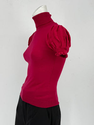 Valentino Red Knit Puff-Sleeve Turtleneck Top – Size: XS