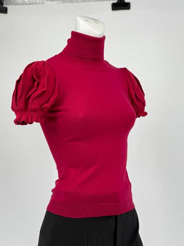 Valentino Red Knit Puff-Sleeve Turtleneck Top – Size: XS