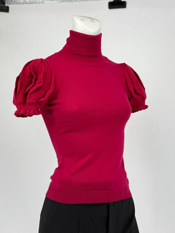 Valentino Red Knit Puff-Sleeve Turtleneck Top – Size: XS