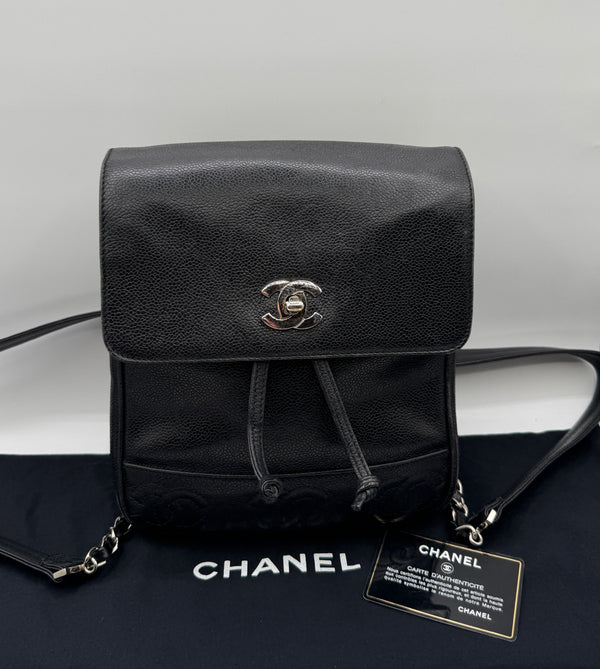 Chanel 1996-1997 Black Caviar Triple CC Backpack - Silver Hardware *RARE*