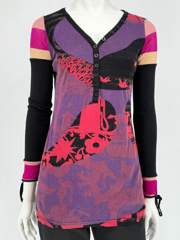 Custo Barcelona Long-Sleeve Graphic Henley Top – Size 1 (Small)