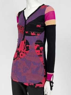 Custo Barcelona Long-Sleeve Graphic Henley Top – Size 1 (Small)