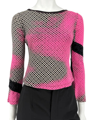 Custo Barcelona Pink & Black Geometric Mesh Knit Top – Size: 1 (Small)