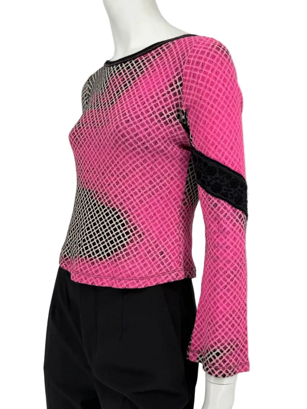 Custo Barcelona Pink & Black Geometric Mesh Knit Top – Size: 1 (Small)