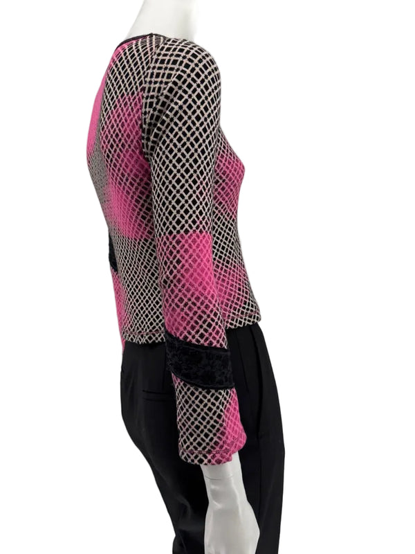 Custo Barcelona Pink & Black Geometric Mesh Knit Top – Size: 1 (Small)