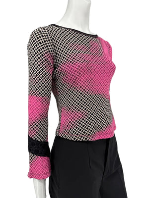 Custo Barcelona Pink & Black Geometric Mesh Knit Top – Size: 1 (Small)