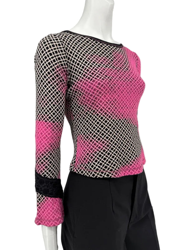 Custo Barcelona Pink & Black Geometric Mesh Knit Top – Size: 1 (Small)